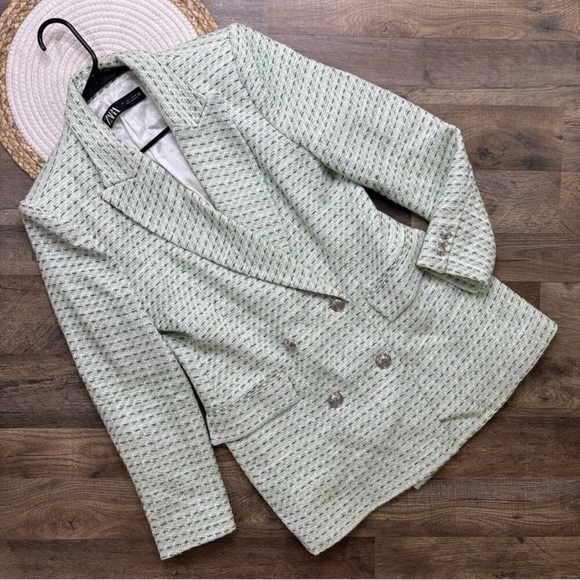 Zara Green Tweed Blazer Double Breasted Womens Size Large Lined - Picture 3 of 8